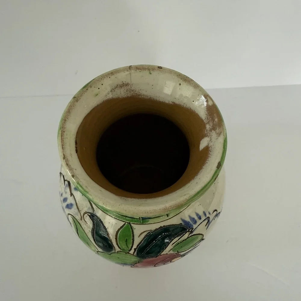 Vintage Italian Pottery Vase Hand Painted Floral Italy 7